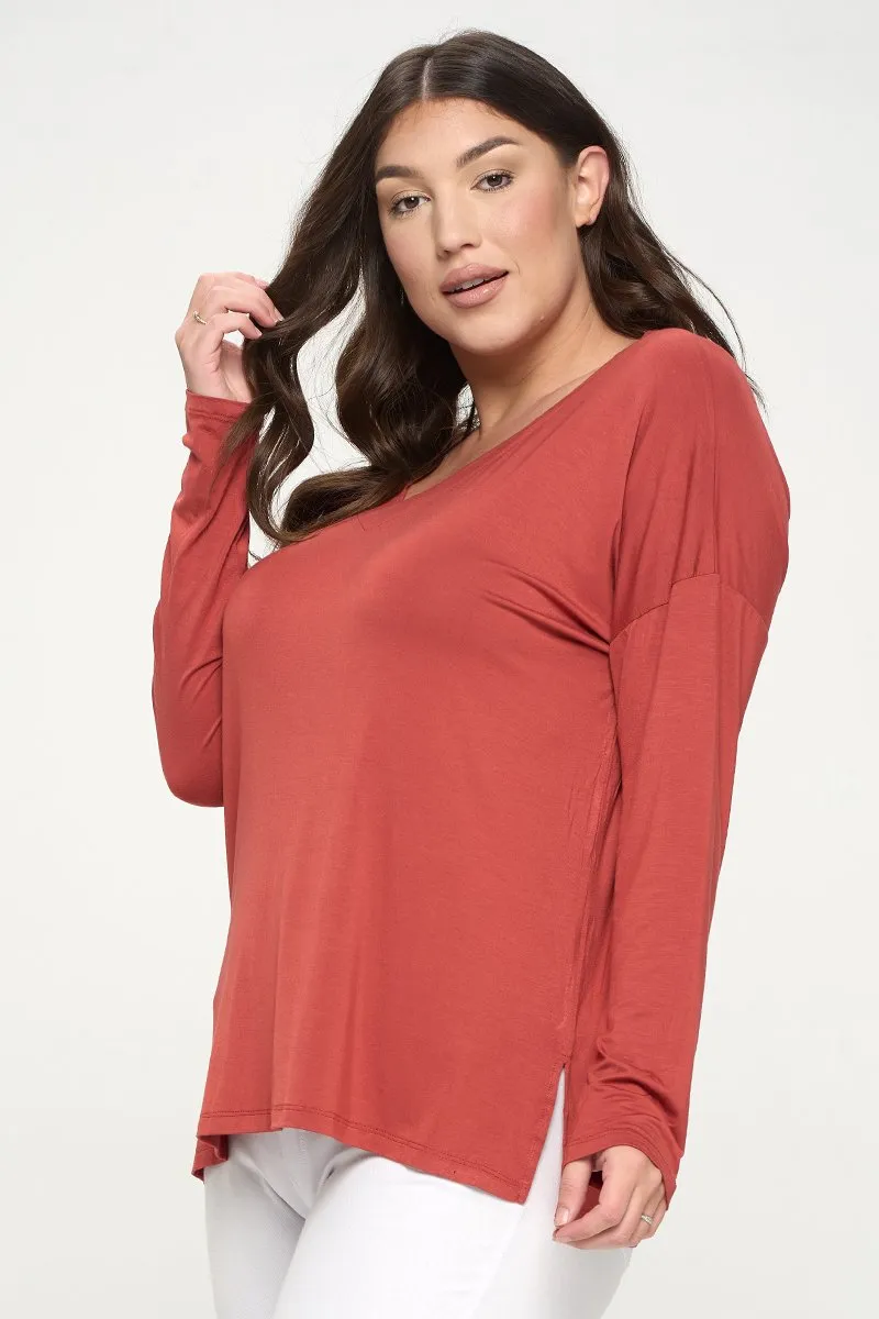 Plus Size Basic V-Neck Solid Long Sleeve Top